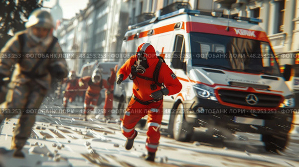 A person in a red hazmat suit runs past a parked ambulance. Стоковое AI-изображение, AI-художник Данила Большаков / Фотобанк Лори