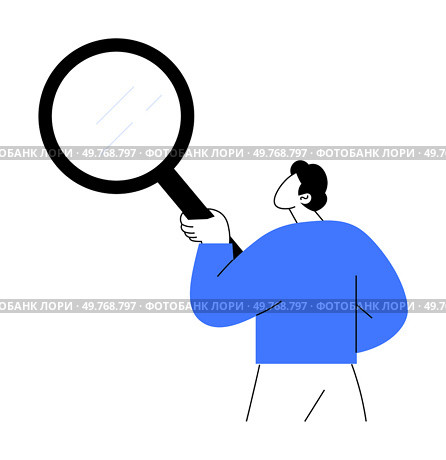 A person in blue attire holds a large magnifying glass, symbolizing searching or examining. Ideal for education, analysis, research, inspection, investigation. Simple cartoon style.. Person Holding Magnifying Glass Searching for Information or Details in Simplified Cartoon Style. Стоковая иллюстрация, агентство Ingram Publishing / Фотобанк Лори