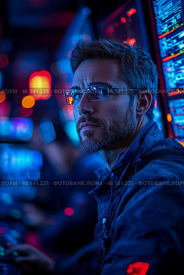 A person intently works at a control station surrounded by glowing screens displaying data in a dimly lit environment at night. Стоковое AI-изображение, AI-художник Данила Большаков / Фотобанк Лори