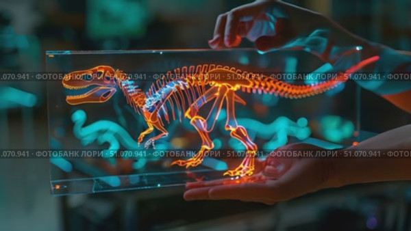 A person interacts with a holographic display showcasing a dinosaur skeleton. Стоковое AI-видео, аниматор Данила Большаков / Фотобанк Лори