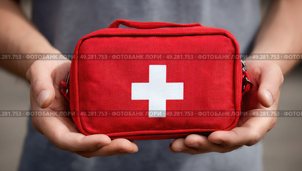 A person is holding a red bag with a white cross on it. Стоковое AI-изображение, AI-художник Ярославский Максим / Фотобанк Лори