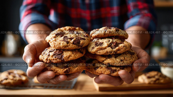 A person is holding a tray of chocolate chip cookies. Стоковое AI-изображение, AI-художник Ярославский Максим / Фотобанк Лори