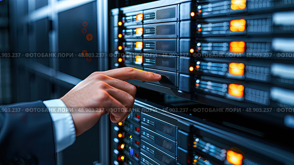 A person is interacting with a server panel that is illuminated by yellow lights, possibly performing maintenance or troubleshooting. Стоковое AI-изображение, AI-художник Данила Большаков / Фотобанк Лори