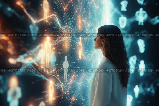 A person is mesmerized by a magnificent digital wall teeming with DNA strands and faces of historical figures. This cinematic visualization delves into the intricacies of genetic heritage. Стоковое AI-изображение, AI-художник Nart / Фотобанк Лори