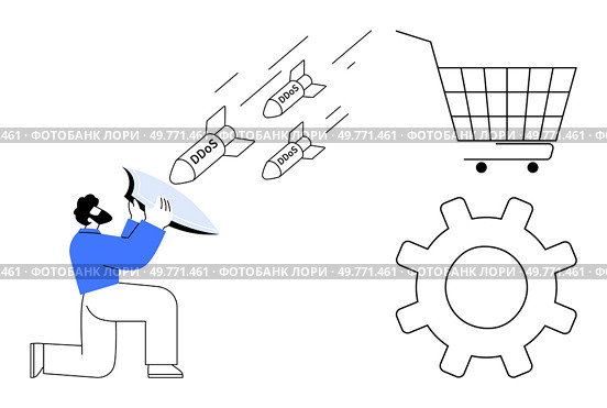 A person shields against three missiles labeled DDoS targeting a shopping cart and a gear symbol. Ideal for online security, cyber threats, e-commerce protection, tech defense, and digital safety. Protecting E-Commerce from DDoS Attacks Illustration of Cybersecurity Defense Mechanisms. Стоковая иллюстрация, агентство Ingram Publishing / Фотобанк Лори