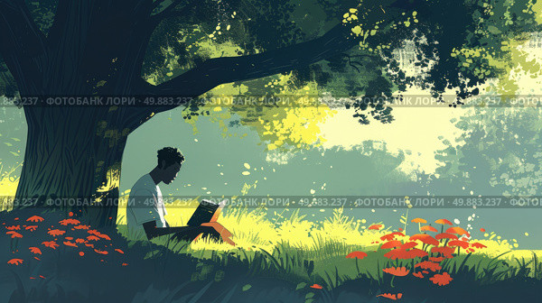A person sits beneath a tree, engrossed in a book they are reading. Стоковое AI-изображение, AI-художник Данила Большаков / Фотобанк Лори