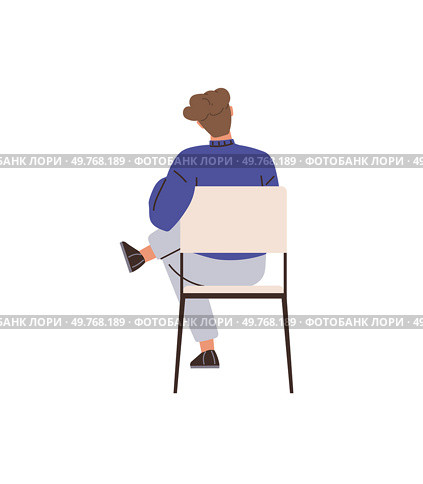 A person sits on a chair, facing away, in a relaxed pose wearing casual clothes. Ideal for lifestyle, comfort themes, introspection, solitude, casual living, modern life, simplicity. Minimalist. Person Seated on Chair Facing Backward with Relaxed Posture. Стоковая иллюстрация, агентство Ingram Publishing / Фотобанк Лори