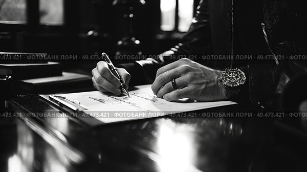 A person sitting down and writing on a white piece of paper with a pen, focusing on the task at hand. Стоковое AI-изображение, AI-художник Данила Большаков / Фотобанк Лори