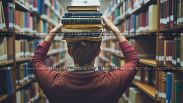 A person skillfully balances books on their head in a tranquil library atmosphere surrounded by towering shelves filled with various titles. Стоковое AI-видео, аниматор Данила Большаков / Фотобанк Лори