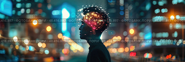 A person stands in front of a cityscape at night, with a colorful, abstract brain visualization superimposed on their head. Стоковое AI-изображение, AI-художник Данила Большаков / Фотобанк Лори