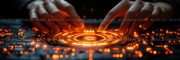 A person’s hands manipulate bright orange circuits on a modern control panel in a dark environment, showcasing advanced technology. Стоковое AI-изображение, AI-художник Данила Большаков / Фотобанк Лори