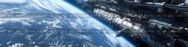 A perspective of Earth as seen from a space station, showcasing the planets curvature, clouds, oceans, and landmasses. Стоковое AI-изображение, AI-художник Данила Большаков / Фотобанк Лори