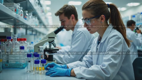 A pharmaceutical lab, scientists in lab coats analyzing samples under microscopes, with shelves of glass vials and sterile white laboratory outfits. Стоковое AI-видео, аниматор Sergey Grishin / Фотобанк Лори