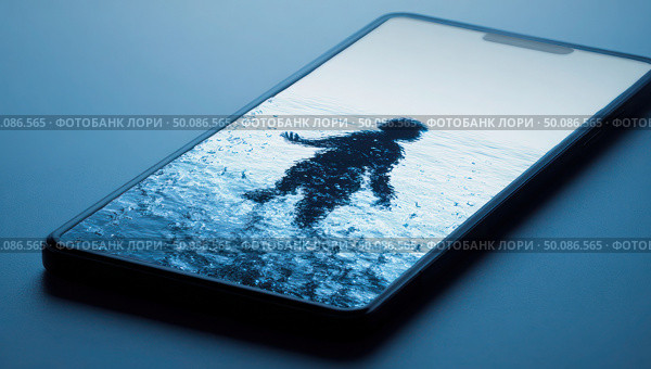 A phone with a blue background and a man in the water. Стоковое AI-изображение, AI-художник Ярославский Максим / Фотобанк Лори