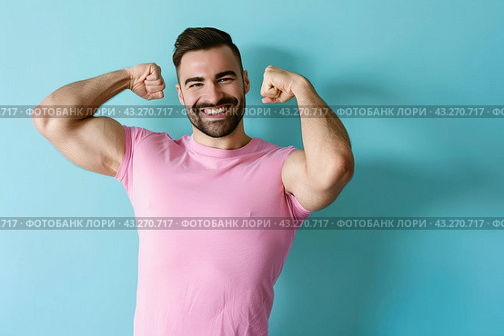 A photo of a strong dark-haired guy showing off his biceps, wearing a purple T-shirt highlighted on a light blue background. Стоковое AI-изображение, AI-художник Ярославский Максим / Фотобанк Лори