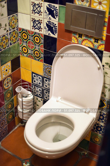 A photograph of a modern bathroom with a white toilet and bright decorative tiles on the walls. The interior is made in an eclectic style: the walls are covered with multi-colored ceramic tiles with patterns in ethnic and geometric styles - ornaments, flowers, birds, traditional motifs. In the foreground is a toilet with an open lid, next to which is a metal holder with toilet paper rolls. A modern push-button flush panel is installed on the wall. The atmosphere of the room combines practicality and an original design approach, creating a feeling of coziness and brightness in an everyday interior. Стоковое фото, фотограф Анна Кривицкая / Фотобанк Лори