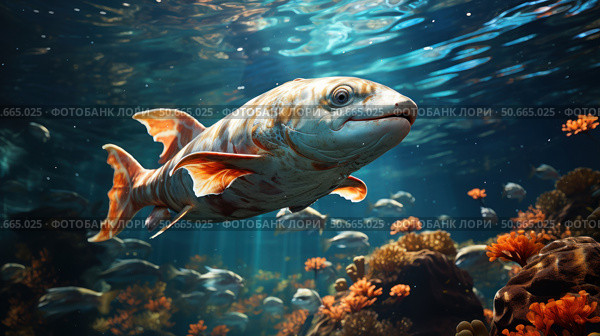 A photorealistic image of the underwater world, focusing on a large fish with an unusual coloring - orange and white. The fish swims surrounded by corals, other fish and softly scattered sunlight. In the background is an underwater landscape with reefs and schools of fish. The image conveys the beauty and richness of marine life, creating a sense of depth, tranquility and harmony of nature. Suitable for themes related to the ocean, underwater photography, aquariums, ecology and marine fauna. Стоковое AI-изображение, AI-художник Анна Кривицкая / Фотобанк Лори