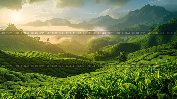 A picturesque landscape of tea plantations spreading like waves across hills and valleys. Early morning: a light mist floats over the green rows of bushes, and the rising sun illuminates the tops of the hills with a soft golden light. In the background are the silhouettes of mountains shrouded in clouds. The landscape looks well-groomed, symmetrical and wild at the same time, which creates a harmonious and peaceful atmosphere. This could be the Cameron Highlands region of Malaysia or similar tropical tea terraces. Стоковое AI-изображение, AI-художник Анна Кривицкая / Фотобанк Лори
