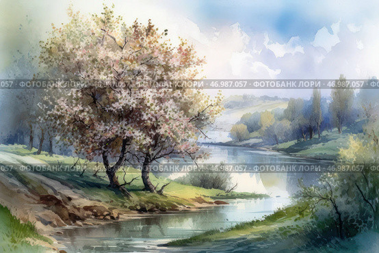 A picturesque spring landscape, painted in watercolor. In the center of the scene is a blossoming tree with pink and white flowers, which stands on the bank of a calm river. The water reflects the soft light of the sky, creating an atmosphere of peace. On both sides of the river are green hills with groves of trees, gradually receding into the distance. Light clouds float in the sky, complementing the feeling of freshness and space. The overall composition conveys the idyll of spring nature and harmony with the surrounding world. Стоковое AI-изображение, AI-художник Анна Кривицкая / Фотобанк Лори