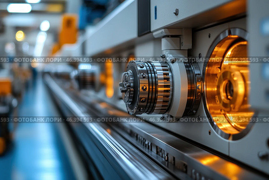 A piece of industrial equipment with a focus on the mechanisms, possibly from the field of high-tech manufacturing. The details of the mechanism, such as rotating parts and metal elements, are visible, brightly illuminated by the internal light. The photo shows modern machinery with clear and smooth metal surfaces that reflect the light. The photo is taken from a close distance, which allows the attention to be focused on the high level of detail and precision. The mechanism is located on a production line, which can also be understood by the background, which is blurred to emphasize the object. Стоковое AI-изображение, AI-художник Анна Кривицкая / Фотобанк Лори