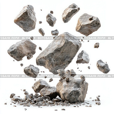 A pile of rocks is scattered in the air. Стоковое AI-изображение, AI-художник Ярославский Максим / Фотобанк Лори