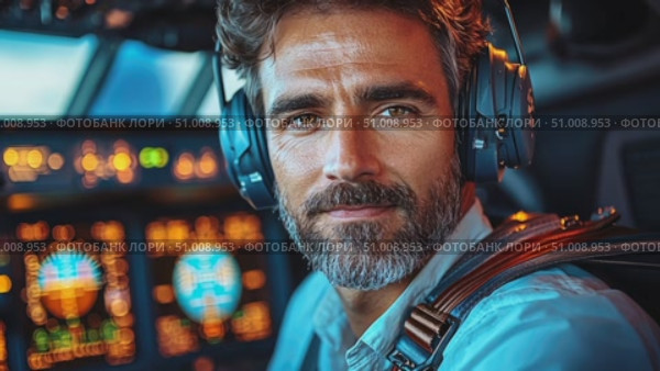 A pilot smiles confidently while preparing for takeoff, surrounded by instrument panels and glowing displays in the cockpit. Стоковое AI-видео, аниматор Данила Большаков / Фотобанк Лори