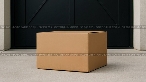 A plain cardboard box sits on a concrete surface in front of a black door. The box is empty and unmarked, suggesting delivery or storage. Стоковое AI-изображение, AI-художник Nart / Фотобанк Лори