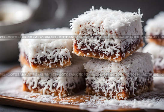 A plate of vegan lamingtons arranged on a light-colored surface, with chocolate sauce drizzling over the top and coconut flakes sprinkled around. Стоковое AI-изображение, AI-художник Ирина Старикова / Фотобанк Лори