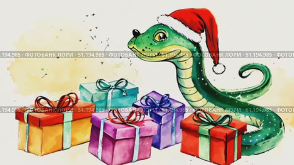 A playful snake wears a Santa hat and stands amidst beautifully wrapped presents, creating a festive and joyful atmosphere for the holiday season. Стоковое AI-видео, аниматор Данила Большаков / Фотобанк Лори