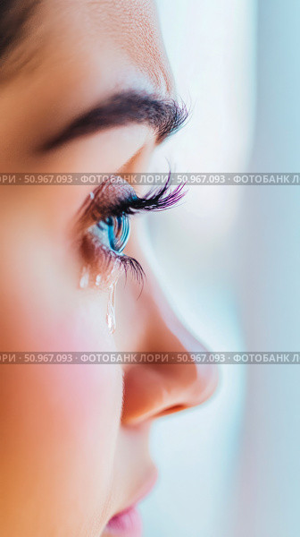 A poignant close-up of a blue human eye with a tear descending, capturing a moment of profound sadness and emotional vulnerability, ideal for emotive content. Стоковое AI-изображение, AI-художник Данила Большаков / Фотобанк Лори