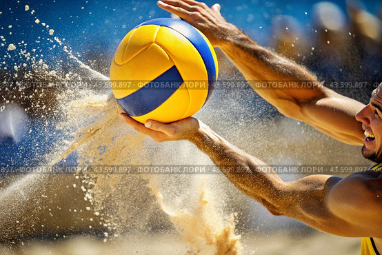 A poignant moment in the game. A volleyball falls on the sand. A volleyball player tries to hit the ball. Concepts of summer Olympic sports. Стоковое AI-изображение, AI-художник Photojuli / Фотобанк Лори