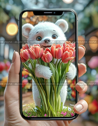 A polar bear gives a bouquet of bright tulips, holding them out from the screen of a smartphone. March 8 is International Women's Day. Banner, postcard. Стоковое AI-изображение, AI-художник Сергей Елизарьев / Фотобанк Лори