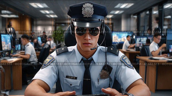 A police officer is wearing sunglasses and a hat and is sitting at a desk. Стоковое AI-изображение, AI-художник Ярославский Максим / Фотобанк Лори