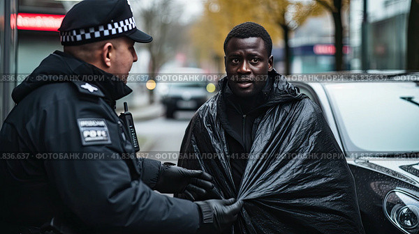 A policeman on the street covers a homeless man with a warming bag. Generated by AI. Стоковое AI-изображение, AI-художник Ярославский Максим / Фотобанк Лори