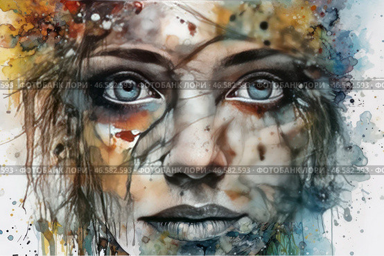 A portrait of a girl, done in watercolor and abstract art. Her blue eyes are the central element of the composition, and the rest of her face seems to dissolve in chaotic splashes of paint. The colors used in the work include warm and cold shades - yellow, blue, orange, brown and black, creating an effect of fluidity and emotional depth. The lines and drops of paint resemble tree branches or cracks, symbolizing the fragility and complexity of human nature. This artistic style combines realistic elements with expressive abstraction, emphasizing the drama and versatility of the image. Стоковое AI-изображение, AI-художник Анна Кривицкая / Фотобанк Лори