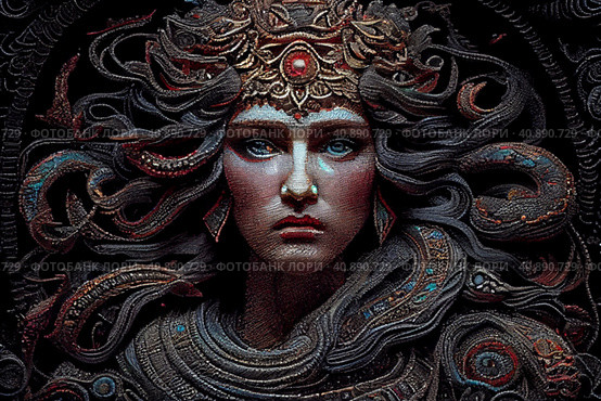 A portrait of the face of medusa created with generative Ai in the style of Vrubel. Стоковое AI-изображение, AI-художник Анна Кривицкая / Фотобанк Лори