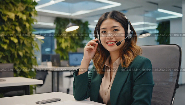 A pretty girl is a call center employee. A girl with headphones is sitting in the office and working with customer requests. Стоковое AI-изображение, AI-художник Антон Слабоспицкий / Фотобанк Лори