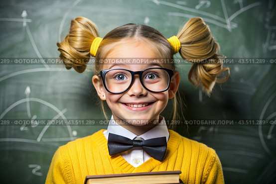A pretty girl with glasses and books in her hands. The child goes to school for the first time. A child in the classroom on the background of a blackboard. Back to school. Стоковое AI-изображение, AI-художник Photojuli / Фотобанк Лори
