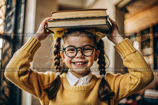 A pretty girl with glasses and books on her head. The child goes to school for the first time. A child in the fresh air. Back to school. Стоковое AI-изображение, AI-художник Photojuli / Фотобанк Лори