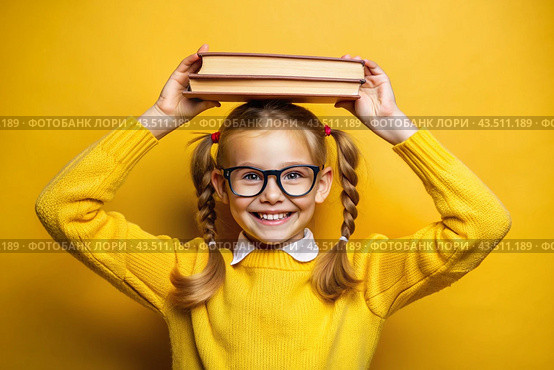 A pretty girl with glasses and books on her head. The child goes to school for the first time. A child on a yellow monochrome background. Back to school. Стоковое AI-изображение, AI-художник Photojuli / Фотобанк Лори