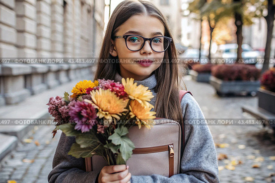 A pretty little girl with glasses and a bouquet of autumn flowers goes to school for the first time. A child with a school bag, a book and flowers. A child on a city street. Back to school. Стоковое AI-изображение, AI-художник Photojuli / Фотобанк Лори
