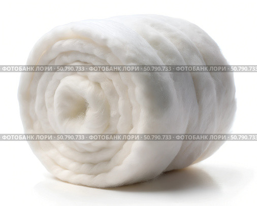 A pristine roll of white cotton wool, showcasing its fluffy, soft texture, suitable for medical or cosmetic use on a clean white background. Стоковое AI-изображение, AI-художник Ольга Игнашина / Фотобанк Лори
