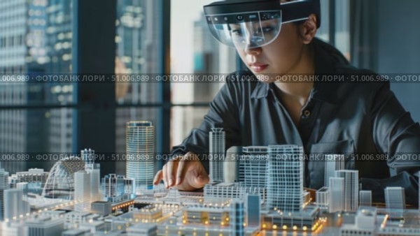 A professional examines intricate architectural models using advanced mixed reality technology amid a bustling city backdrop. Стоковое AI-видео, аниматор Данила Большаков / Фотобанк Лори