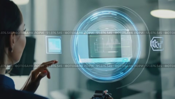 A professional interacts with futuristic digital displays showcasing data analysis and interactive technology. Стоковое AI-видео, аниматор Данила Большаков / Фотобанк Лори