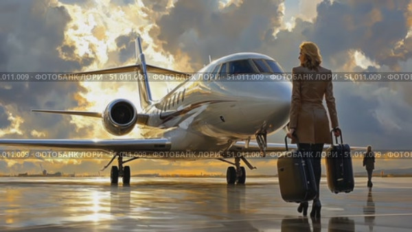 A professional traveler walks towards a gleaming private jet as the sun sets, ready for an exclusive journey, showcasing the luxury of private aviation. Стоковое AI-видео, аниматор Данила Большаков / Фотобанк Лори