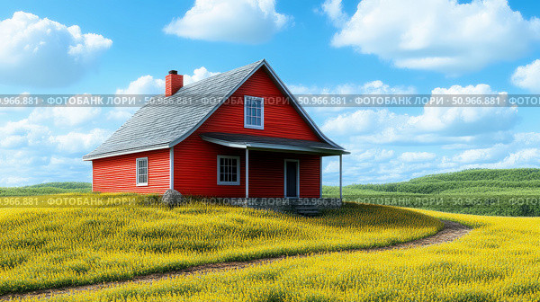A quaint red house situated on a gentle hill amidst a vast golden yellow flower field under a bright blue sky with fluffy white clouds, an idyllic springtime setting for tranquil countryside moments. Стоковое AI-изображение, AI-художник Данила Большаков / Фотобанк Лори