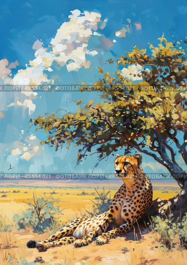 A realistic painting of a cheetah sitting calmly under the shade of a tree in its natural habitat. Стоковое AI-изображение, AI-художник Данила Большаков / Фотобанк Лори