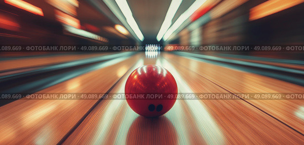 A red bowling ball rolling down the lane with motion blur, creating a dynamic sports action shot. Perfect for sports, bowling, and competition-related content. Стоковое AI-изображение, AI-художник Катерина Бондарец / Фотобанк Лори