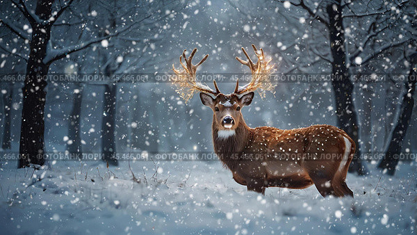 A red deer with shiny big horns in a Christmas garland in snowy weather against a forest background. Стоковое AI-изображение, AI-художник Photojuli / Фотобанк Лори