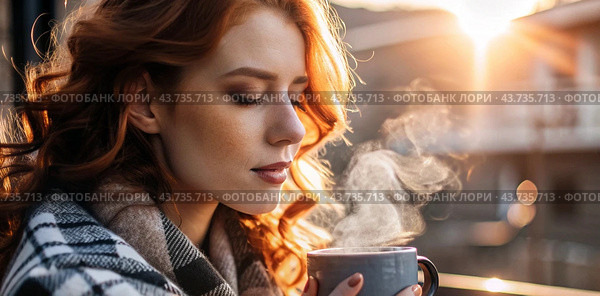 A red-haired, beautiful woman wrapped in a plaid with a mug of hot coffee on a beautiful patio in the rays of the setting sun. The girl inhales the aroma of the drink. Comfort and harmony. Стоковое AI-изображение, AI-художник Photojuli / Фотобанк Лори